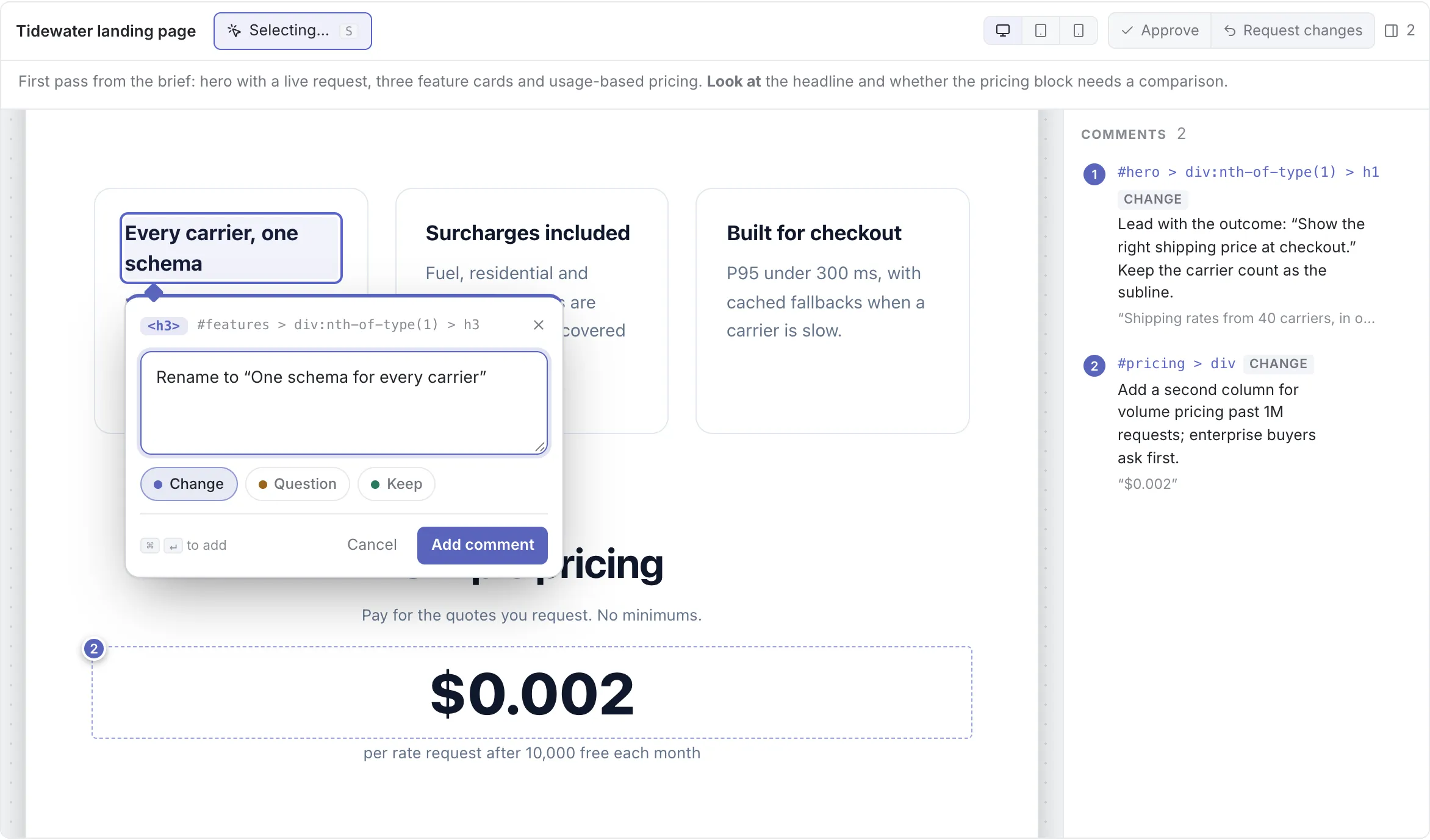 Pinrail's artifact view: a landing page with comments pinned to elements and one being written.