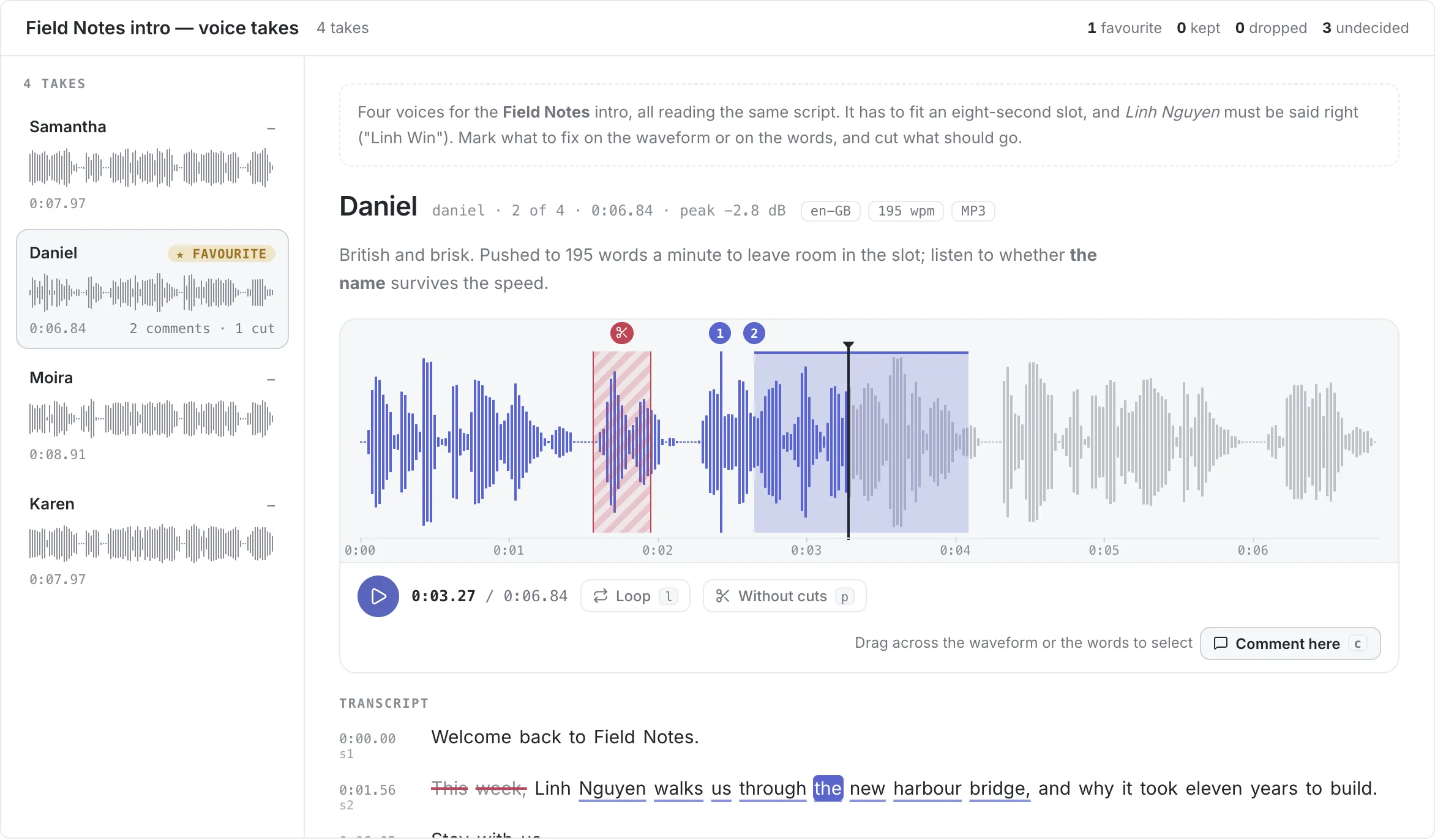The audio view: four voice takes, one open with its waveform, two comments, a cut and the transcript underneath.