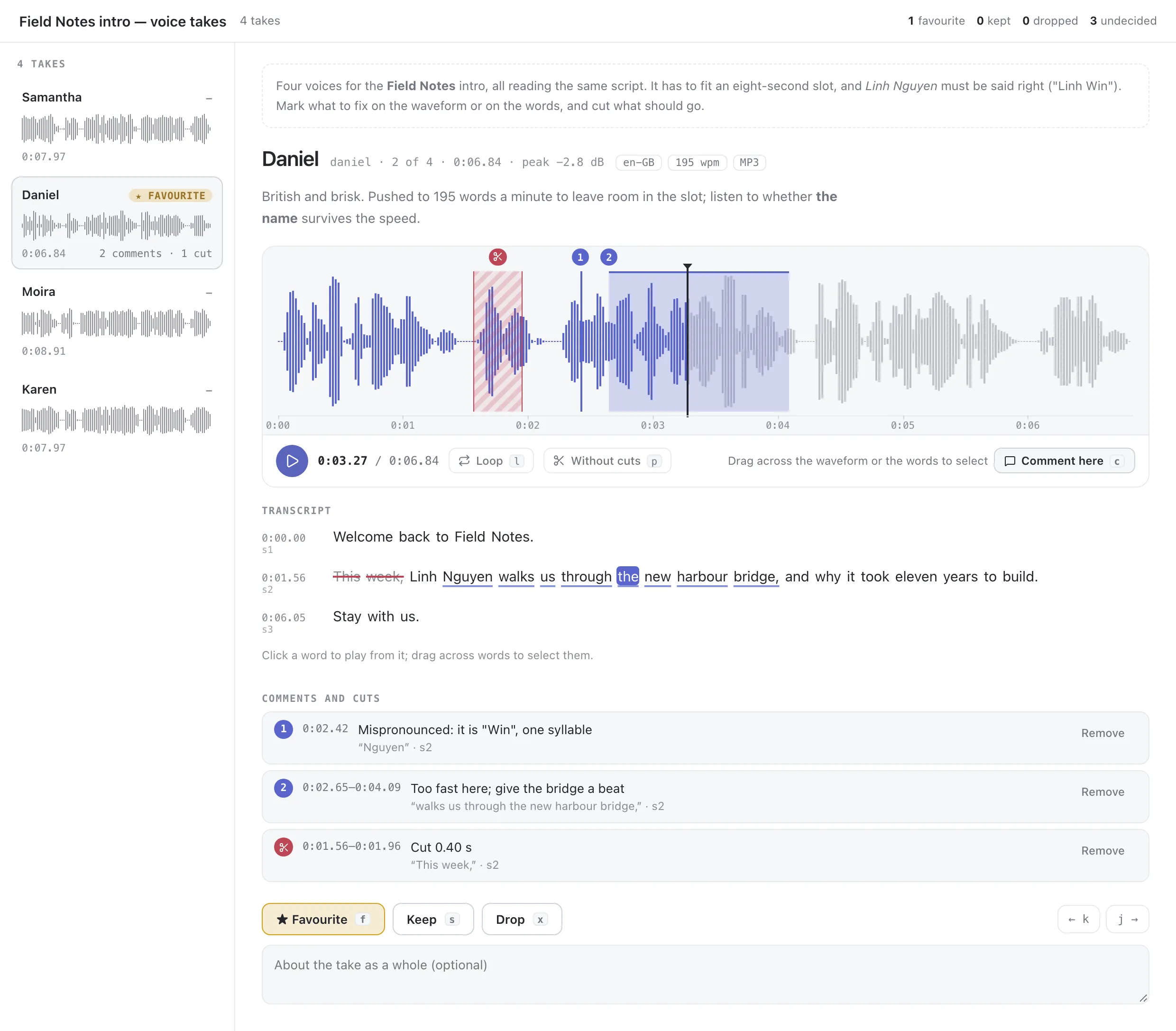 The audio view: four voice takes, one open with its waveform and transcript, two comments and a cut.