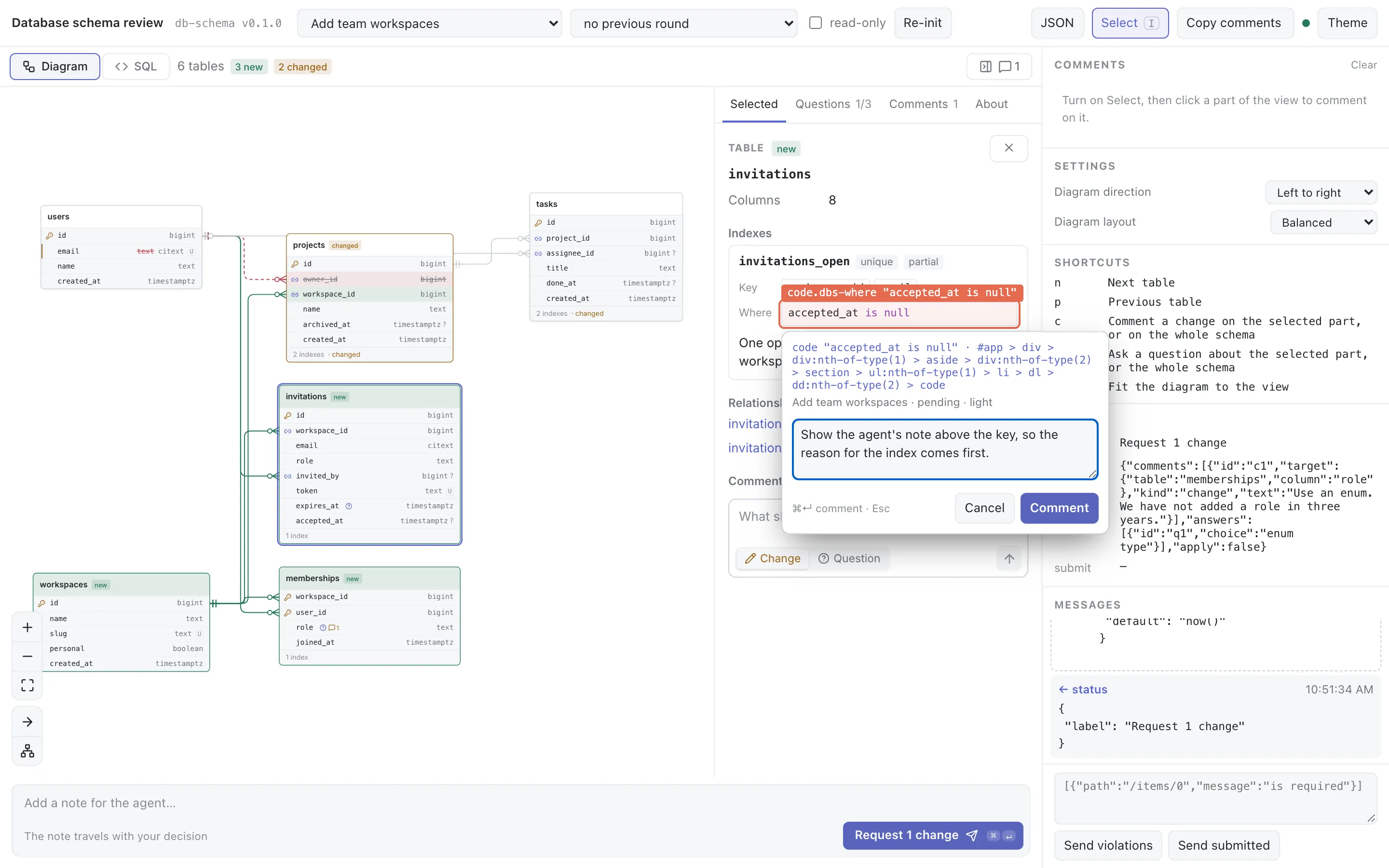 The plugin SDK's dev shell with Select mode on. A comment box is open on an index card in the plugin's side panel, with the element's selector above it.