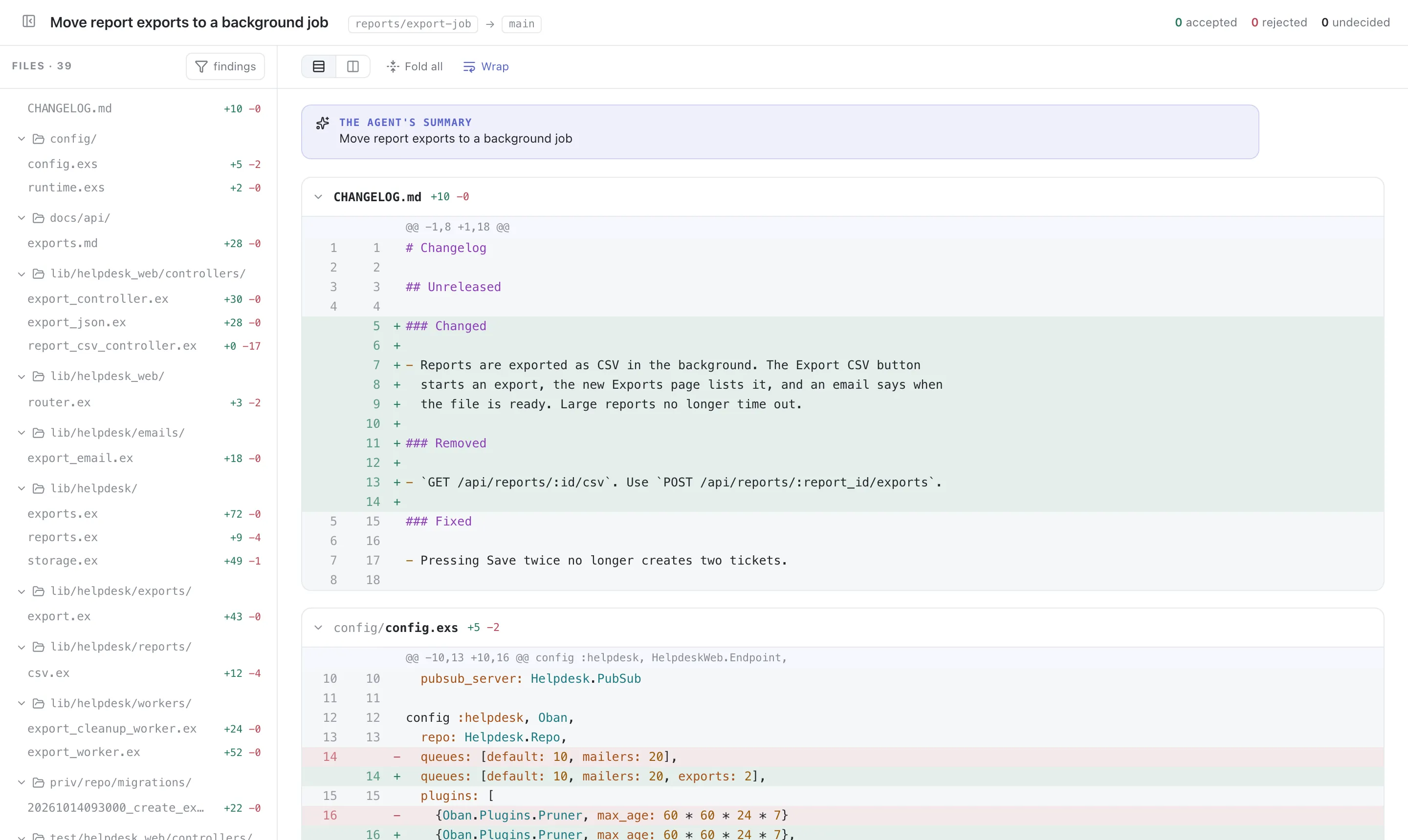 The same change as a diff: the 39 files in a tree in alphabetical order, starting with CHANGELOG.md and config.exs, and the diff of CHANGELOG.md beside it.