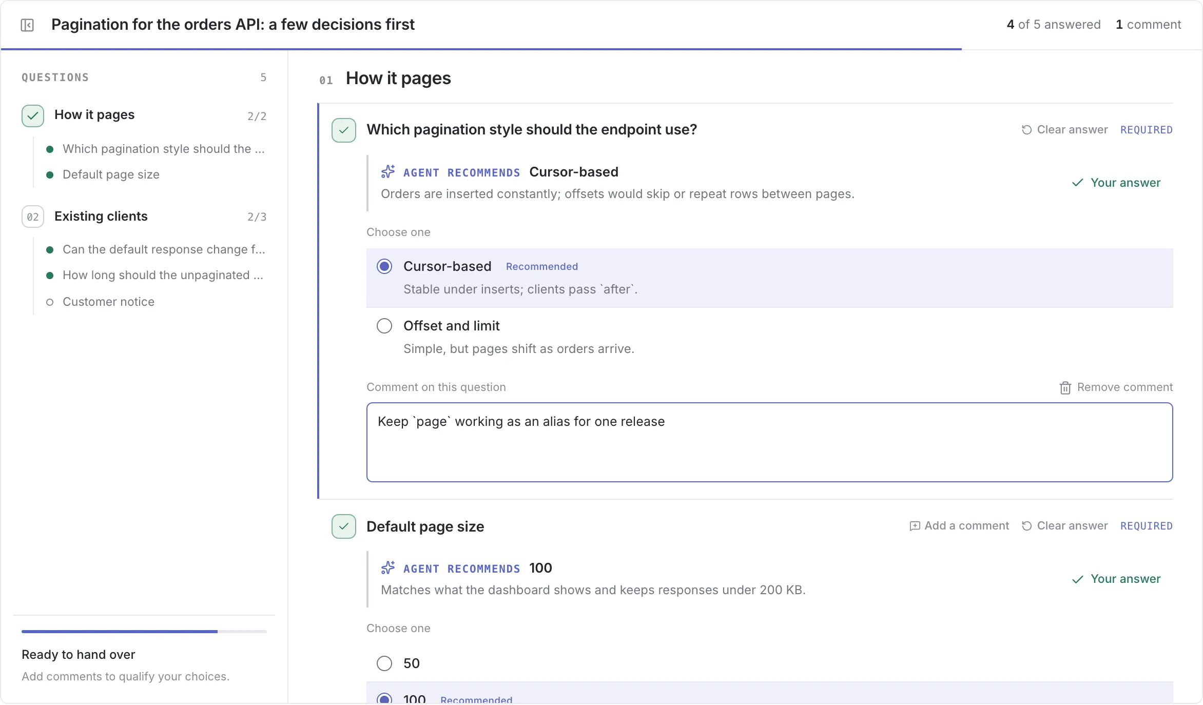 Pinrail's feedback view: questions about an API change, answered, with a comment on one.