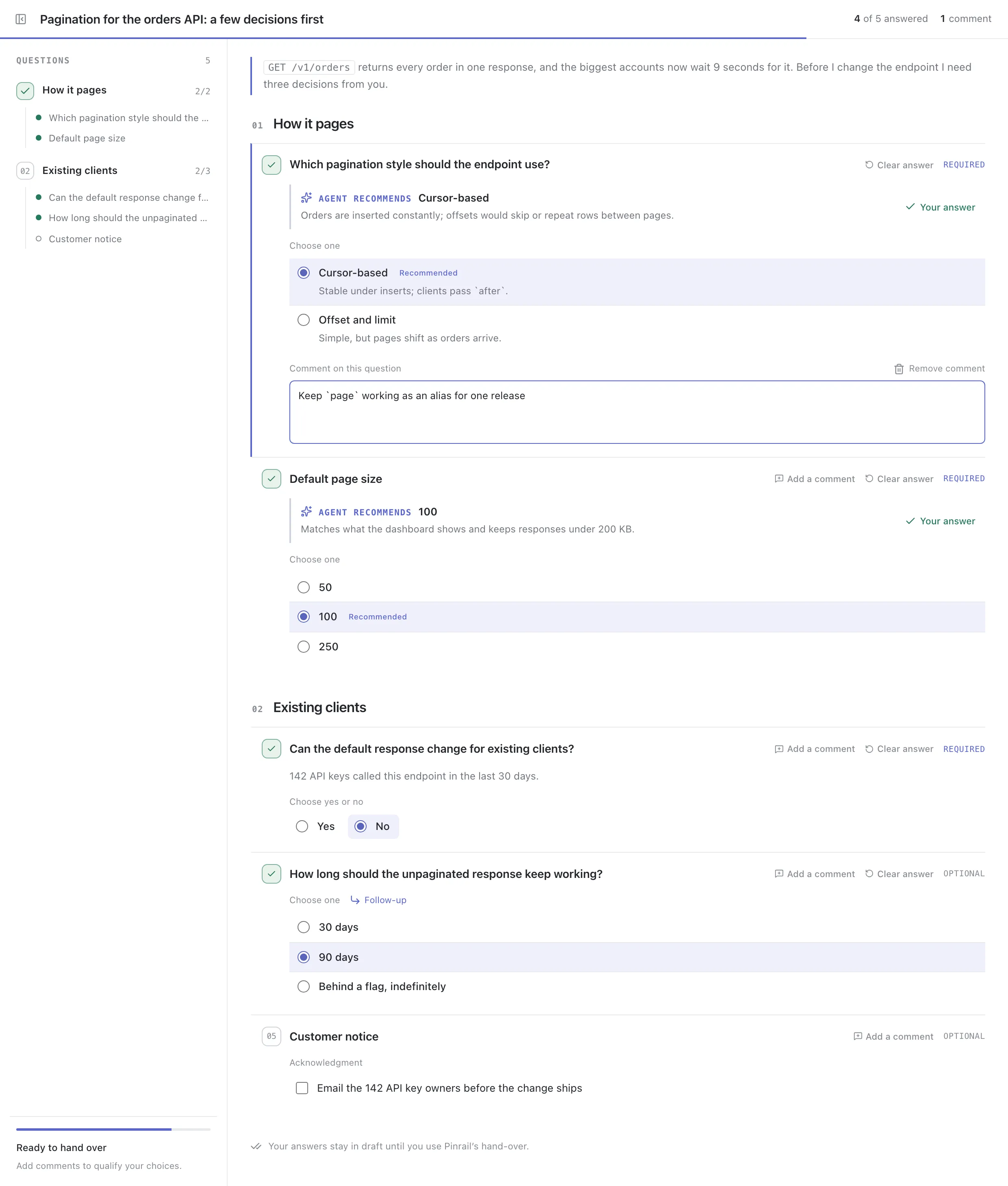 The feedback view: questions about paginating an API, answered beside the agent's recommendations, with a comment on one.