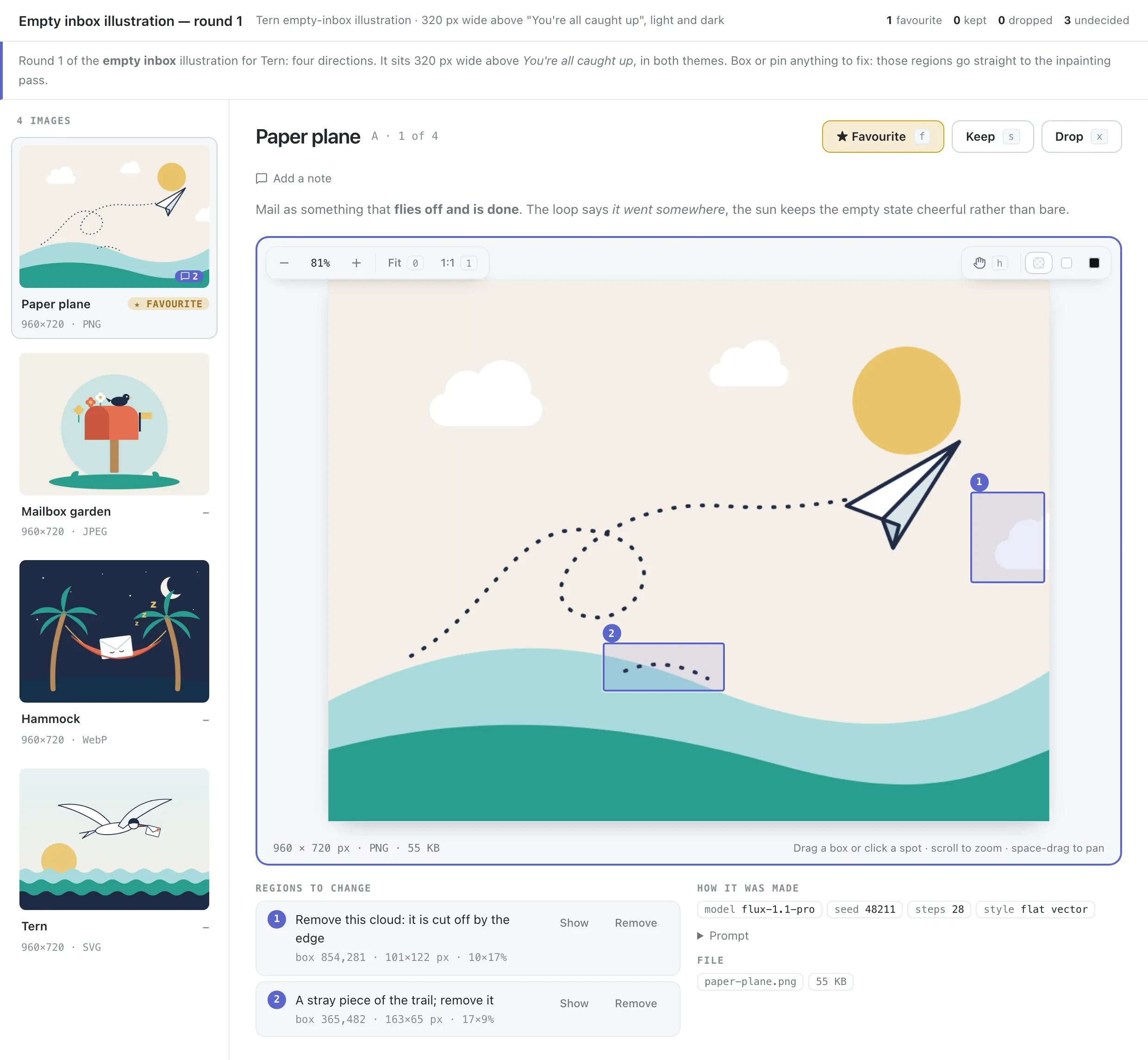 The image view: four illustrations in a rail, the paper plane on the stage with two regions boxed and noted.