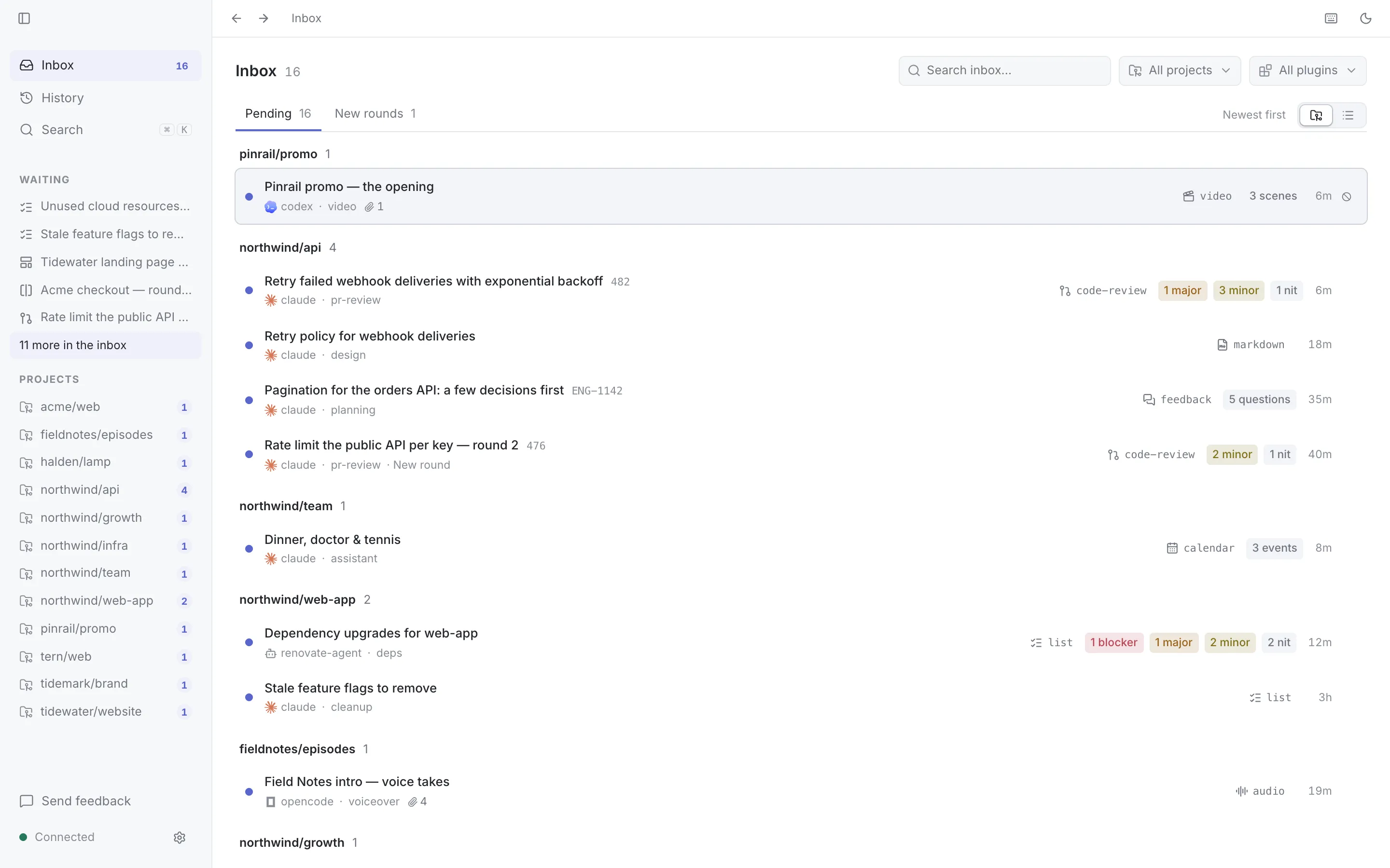 The Pinrail inbox: reviews waiting from different agents and projects, each labelled with its plugin.