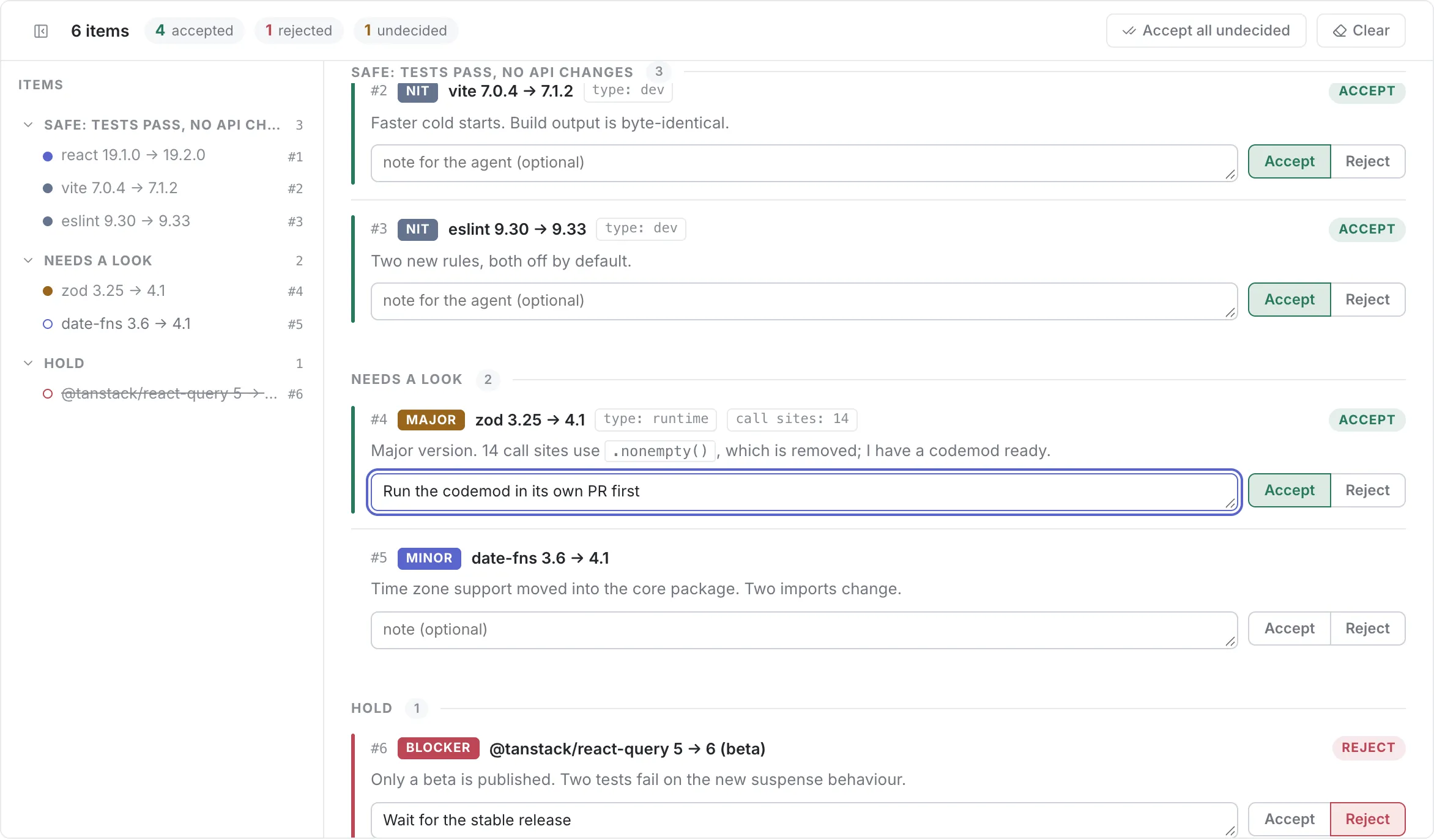 Pinrail's list view: dependency upgrades, some accepted, one held back with a reason.