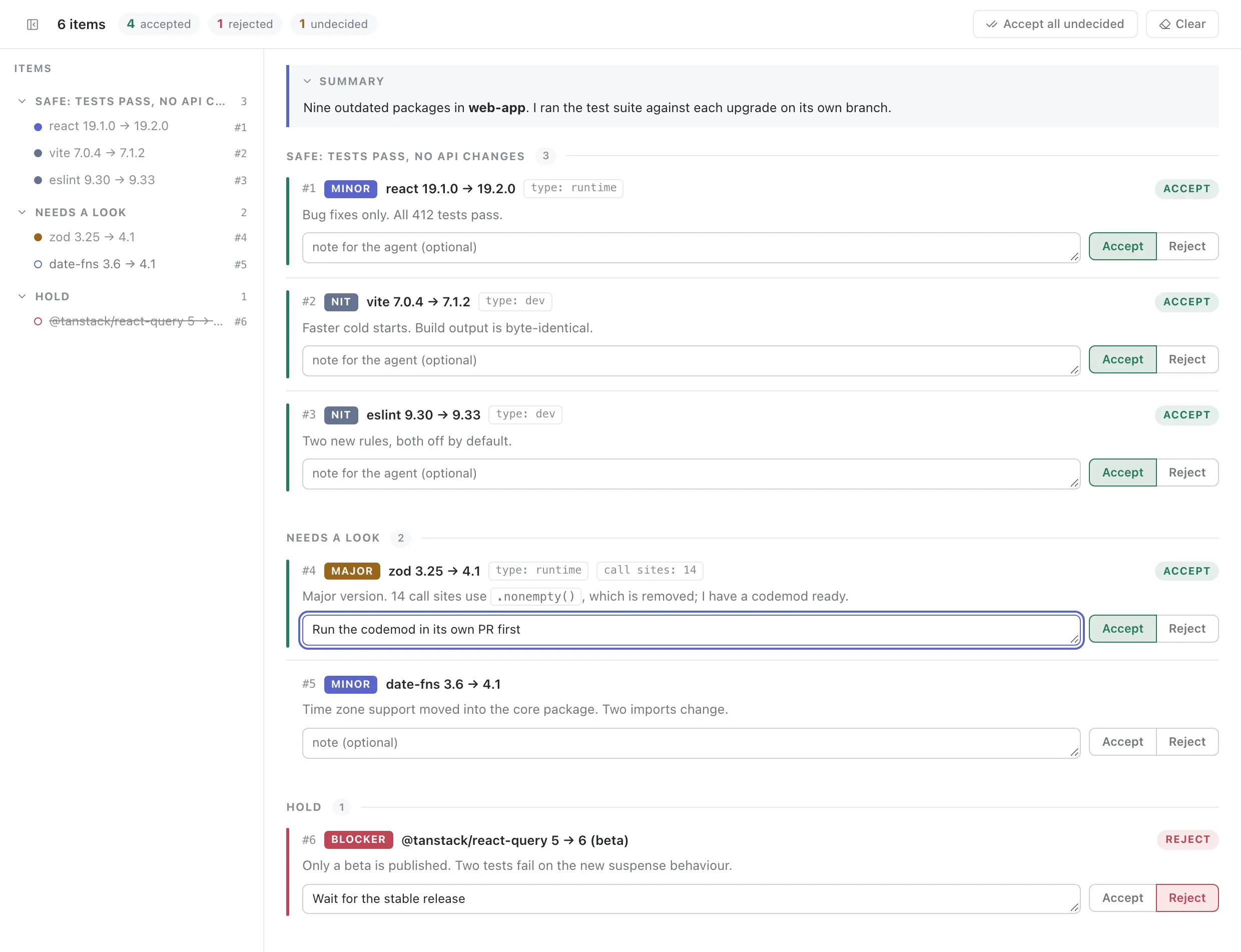 The list view: dependency upgrades, the safe ones accepted, one held back with a reason.