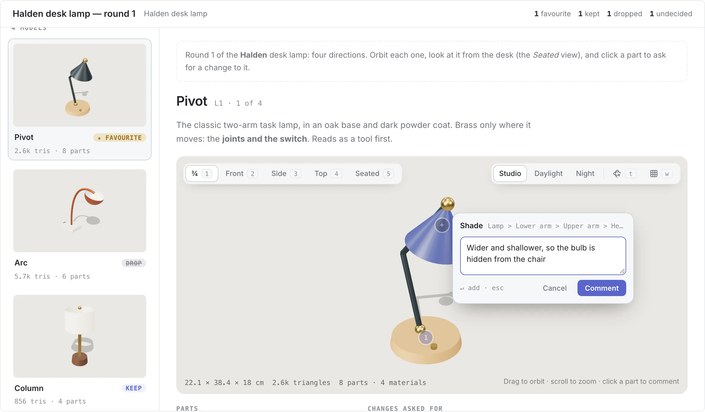 The 3D model view: four desk lamps in a rail, one on the stage with a comment being written on its shade.