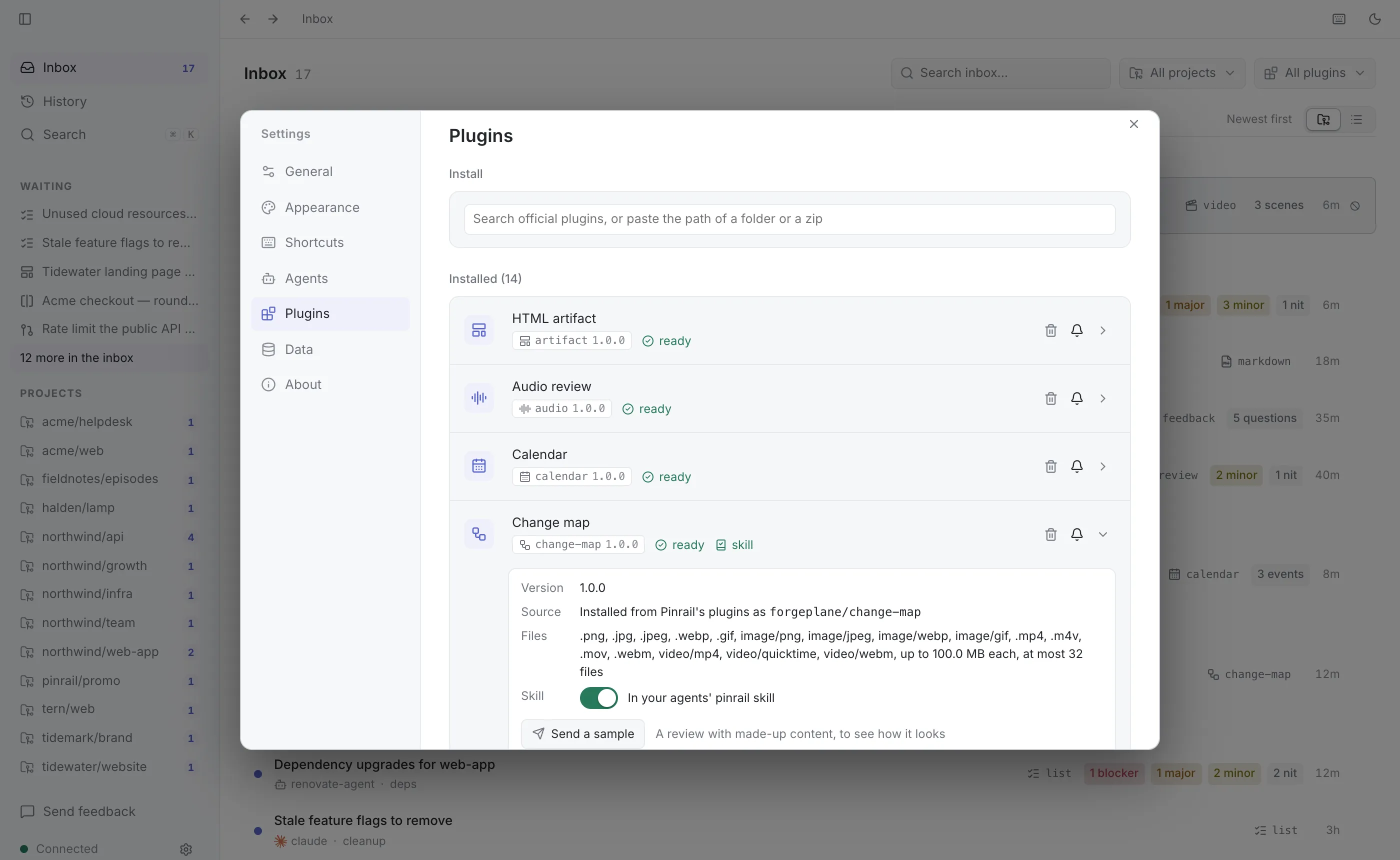 Settings › Plugins in the Pinrail app, with the change map installed and its details open: a skill mark beside its status, its version, its source among Pinrail's plugins, its skill switch turned on, and the Send a sample button.
