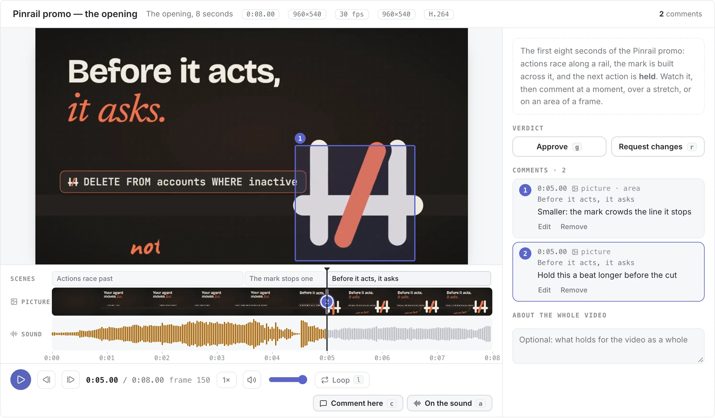 The video view: a promo five seconds in, an area of the frame boxed and commented, and a second comment at the same moment.