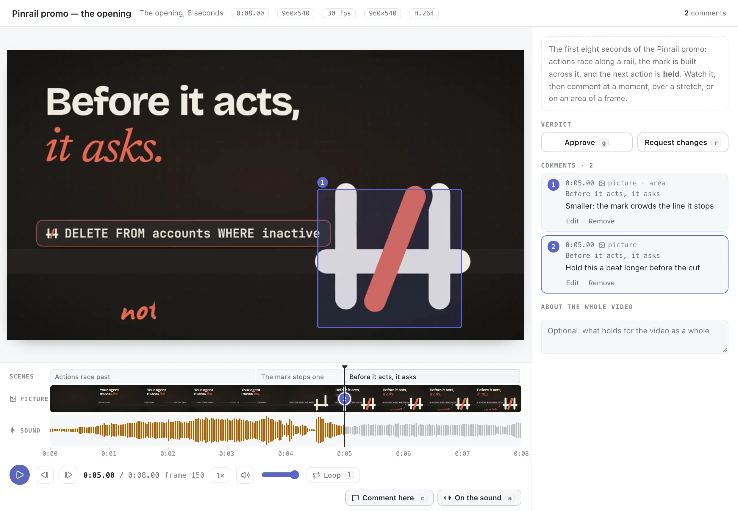 The video view: the promo five seconds in, an area of the frame boxed and commented, and a second comment at the same moment.