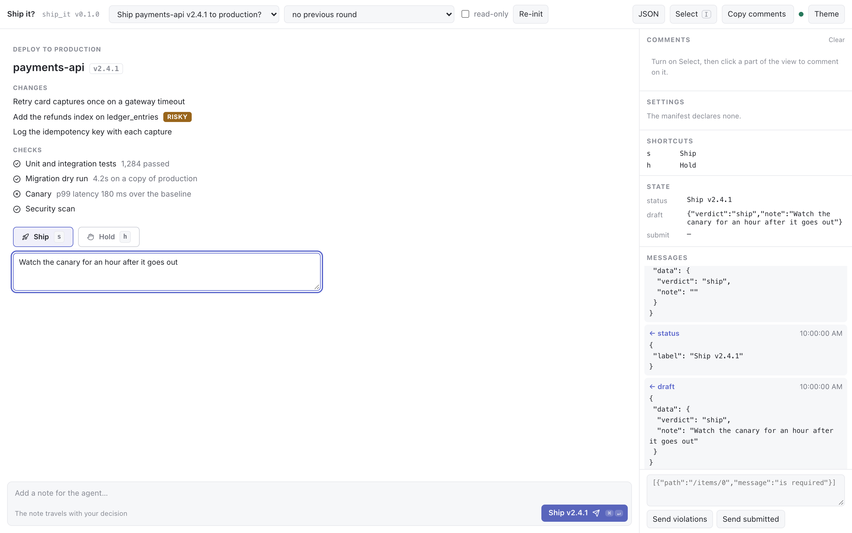 pinrail-sdk dev with Ship it?: the view on the left with Ship chosen, and on the right the shortcuts s and h, the status Ship v2.4.1, the draft, and the draft and status messages the view sent.