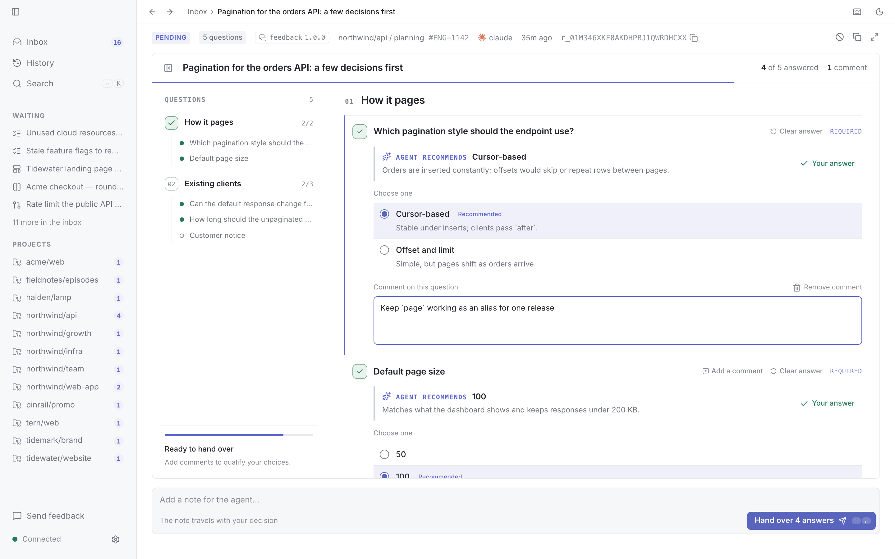 The feedback plugin: questions about paginating an orders API, with the recommended answers chosen and a comment being written on the first.