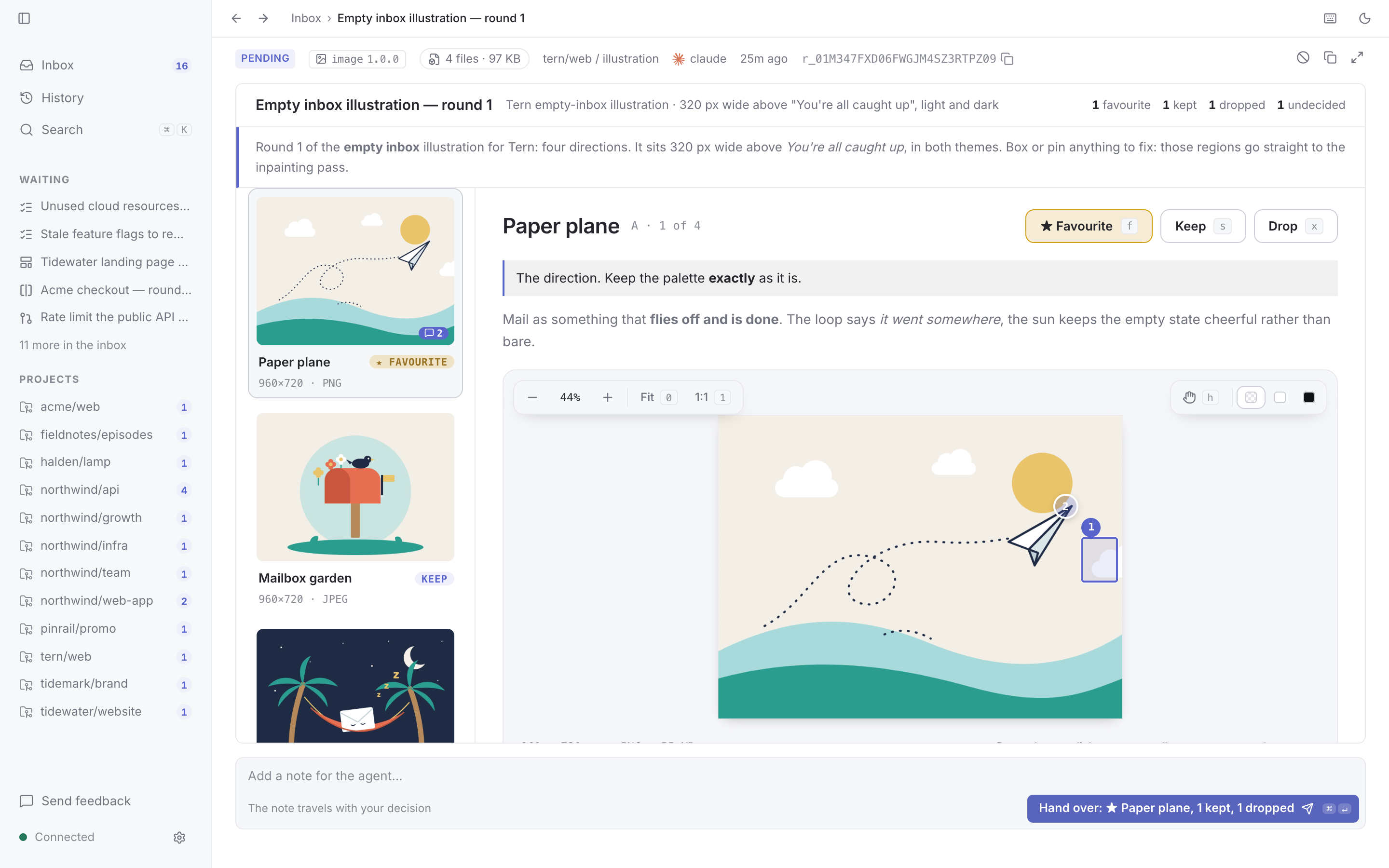 The image review plugin: a paper plane illustration chosen as the favourite, with a box on a cloud and a pin on the plane's nose, and a note to the agent.