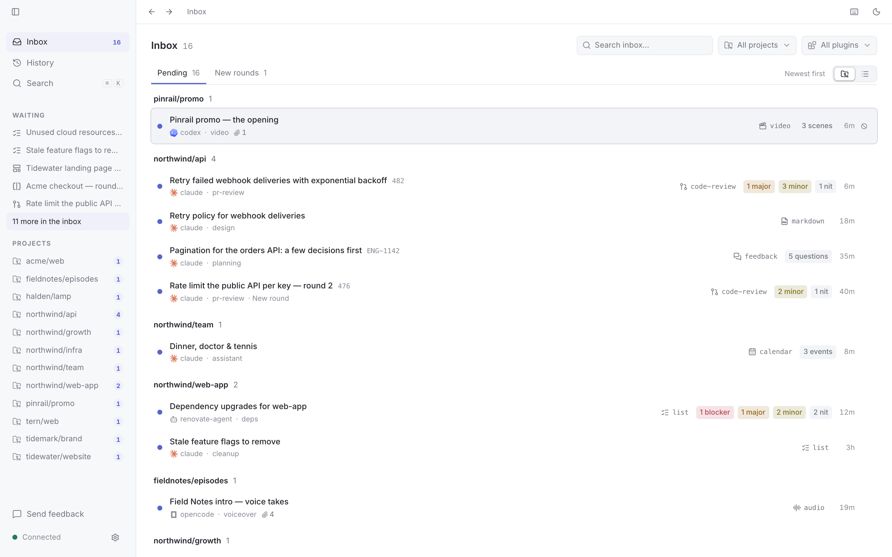 The Pinrail inbox, with eleven reviews waiting from different agents and projects.