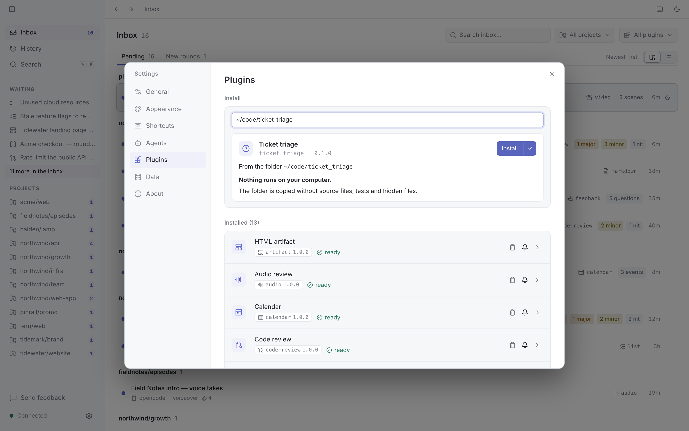 The install panel, previewing a plugin from a folder before it is installed: its name, version and source.