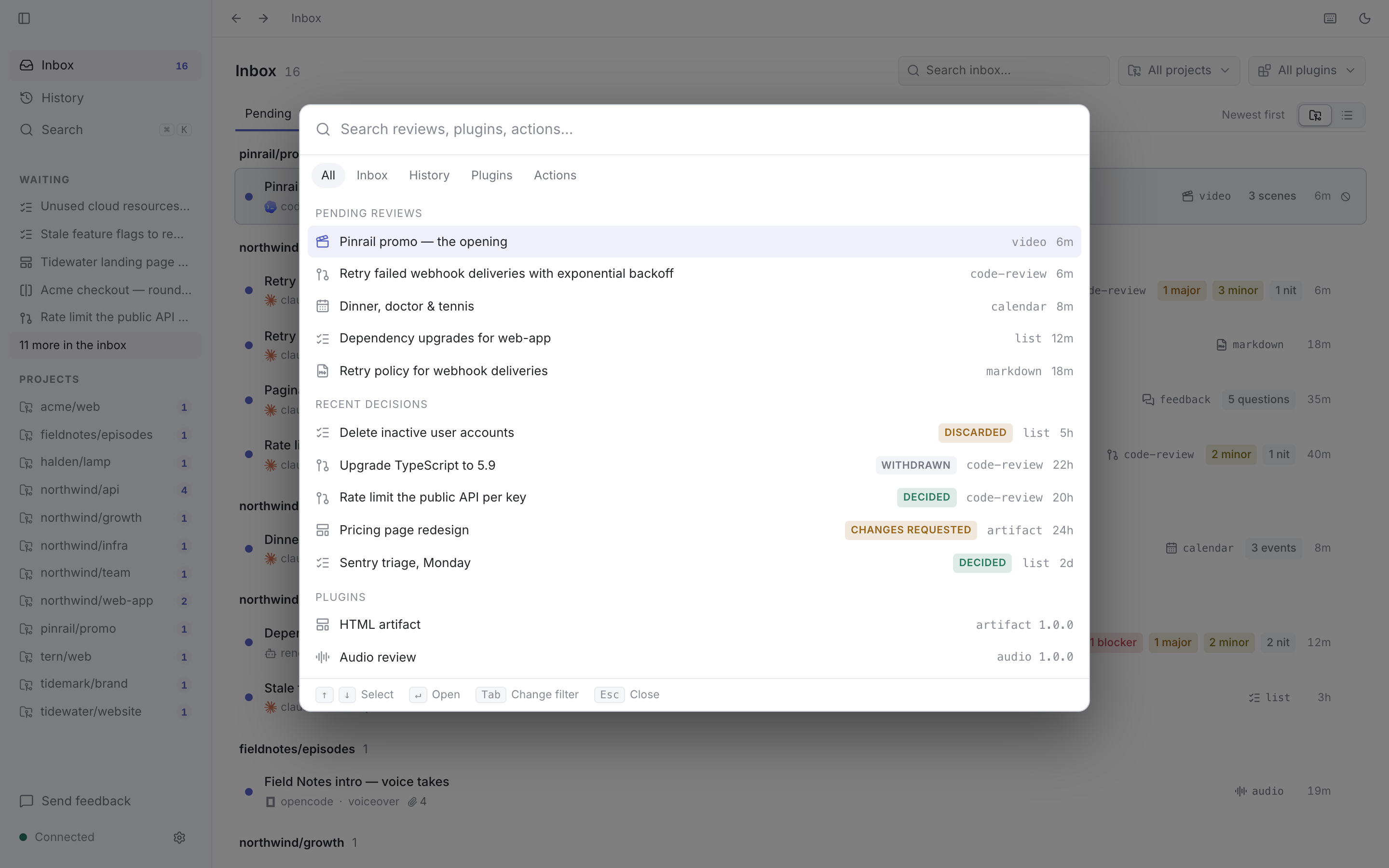 The command palette: pending reviews, recent decisions and plugins, ready to search.