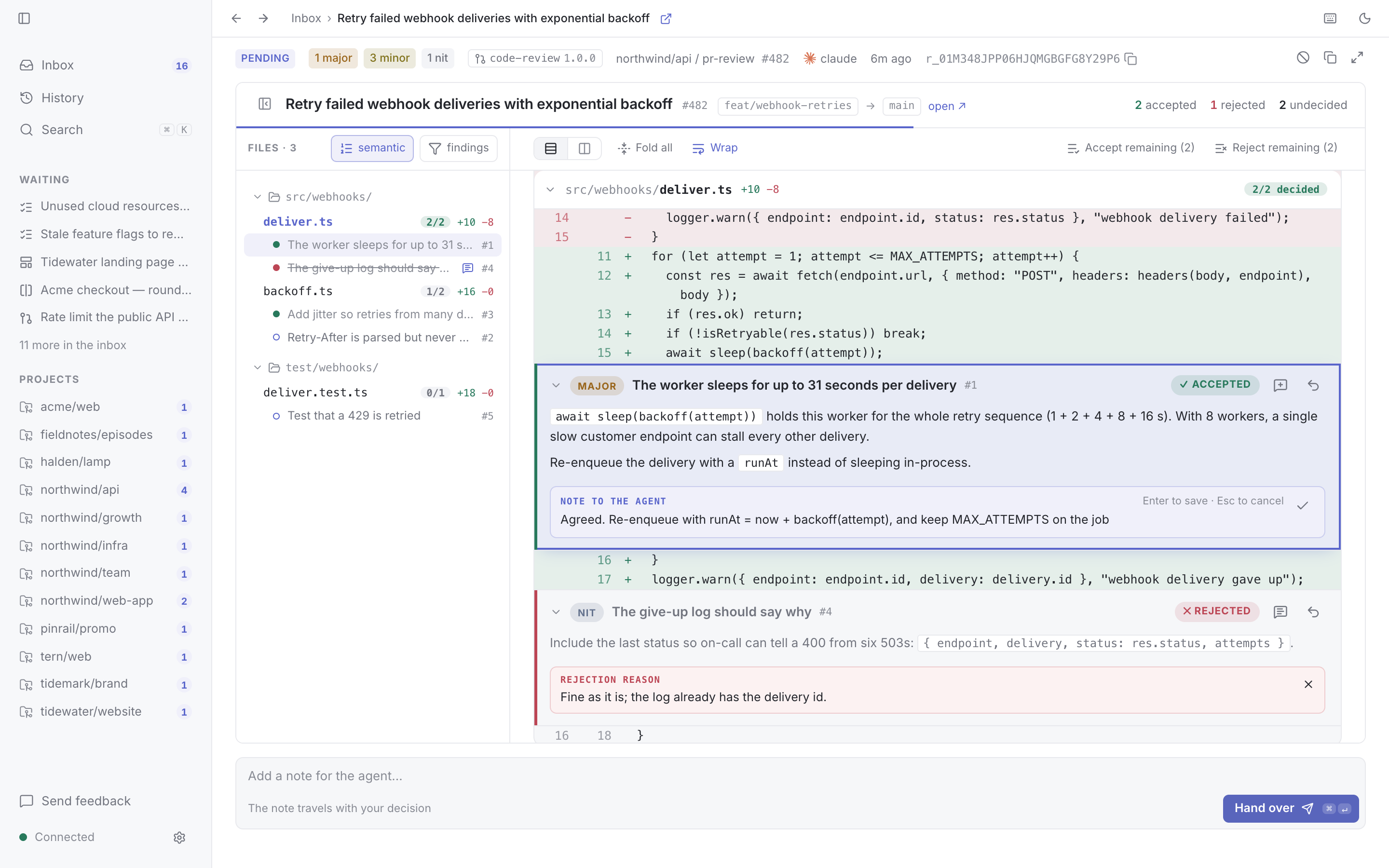 The code review plugin: a TypeScript diff with one finding accepted and a note to the agent being written, another rejected with its reason.