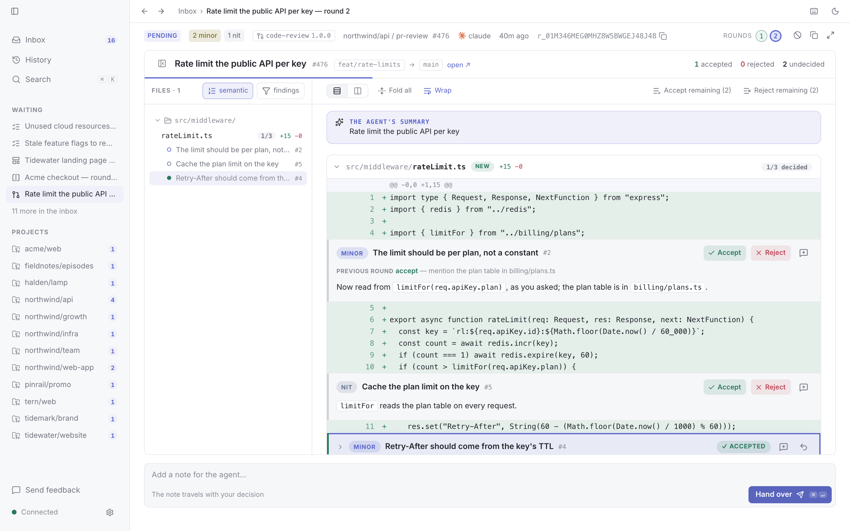 Round two of a code review: a finding from round one, with its previous verdict and note, above the agent's answer to it.