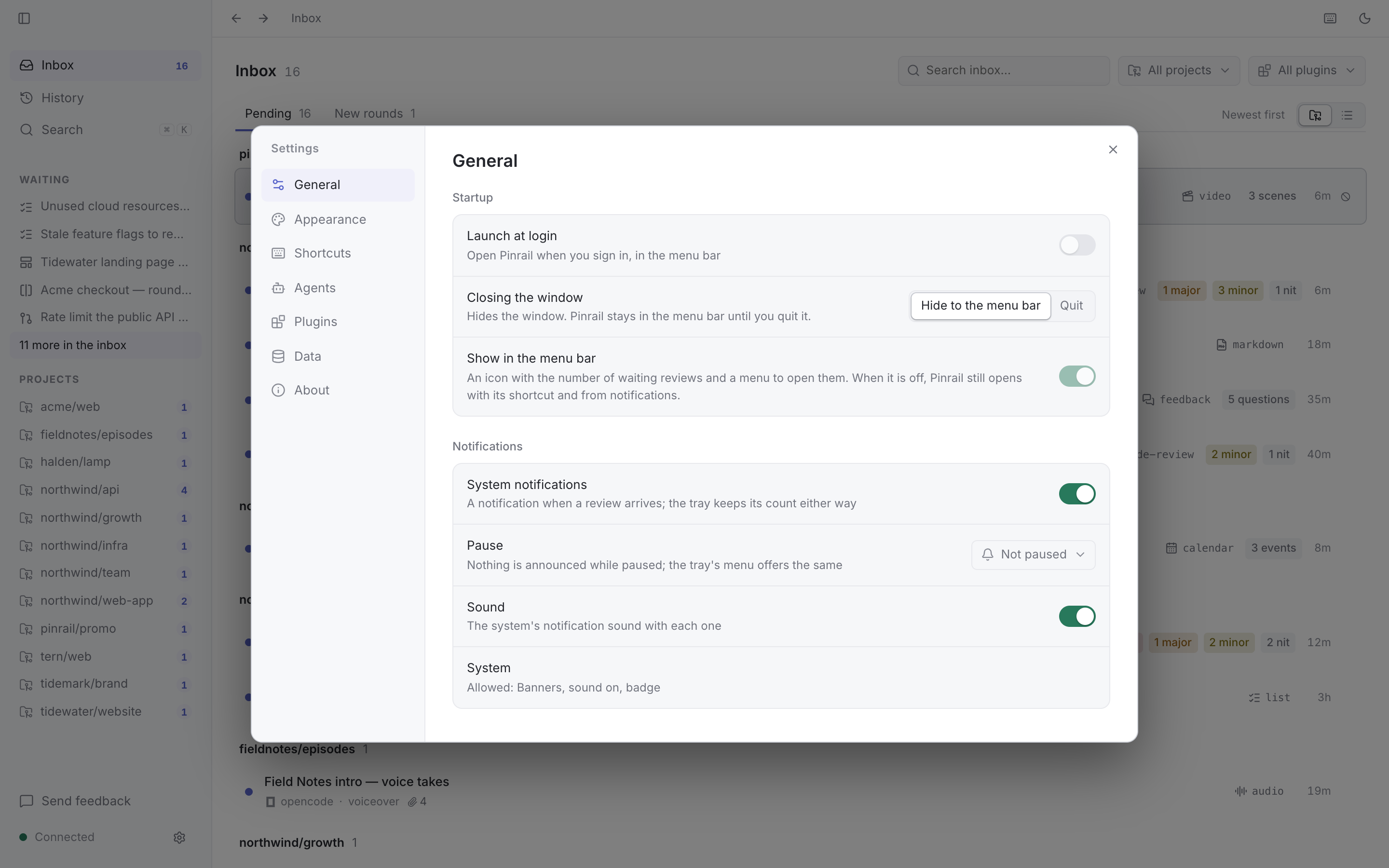 Settings, General: startup and notifications.