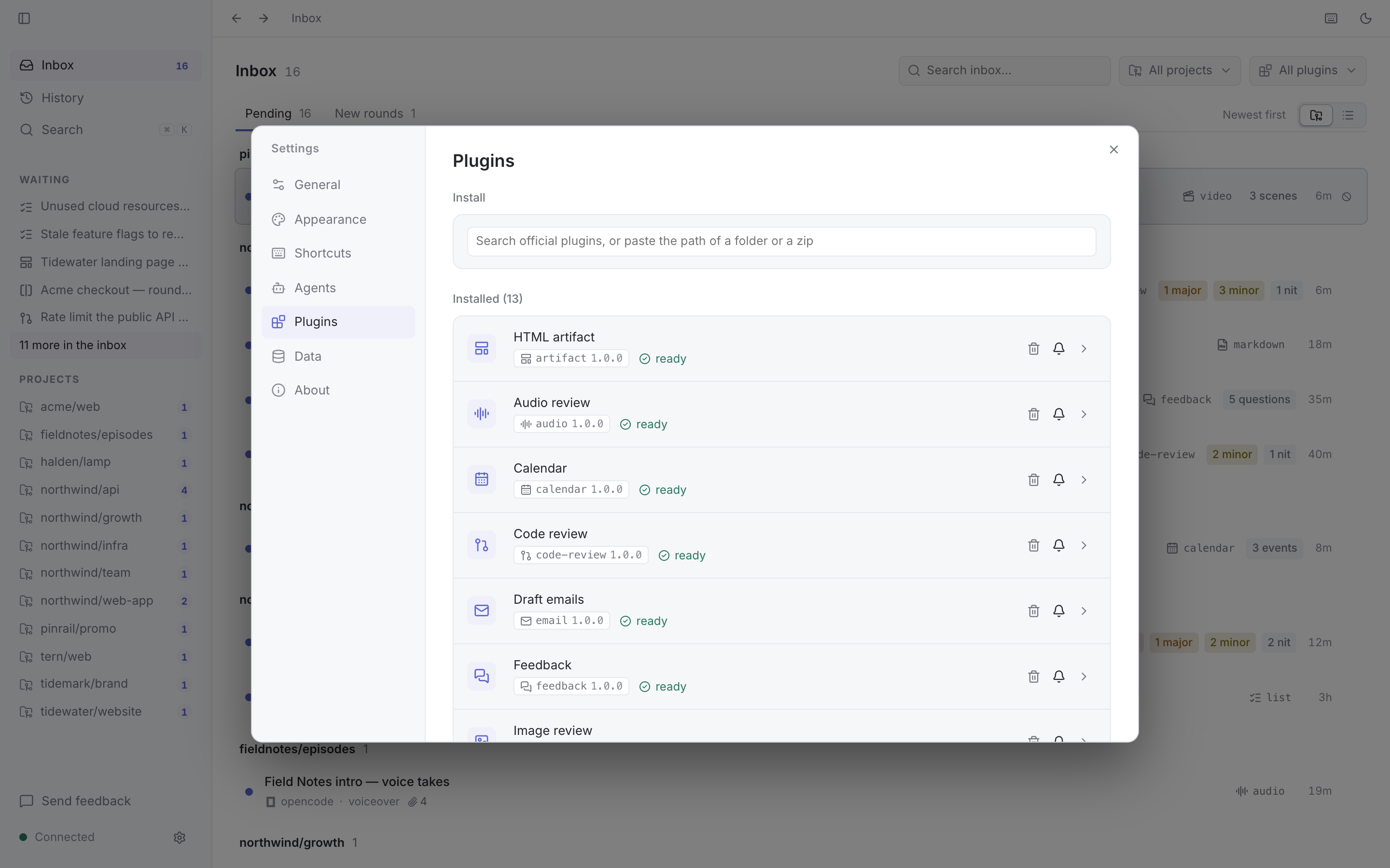Settings, Plugins: the installed plugins with where each came from.