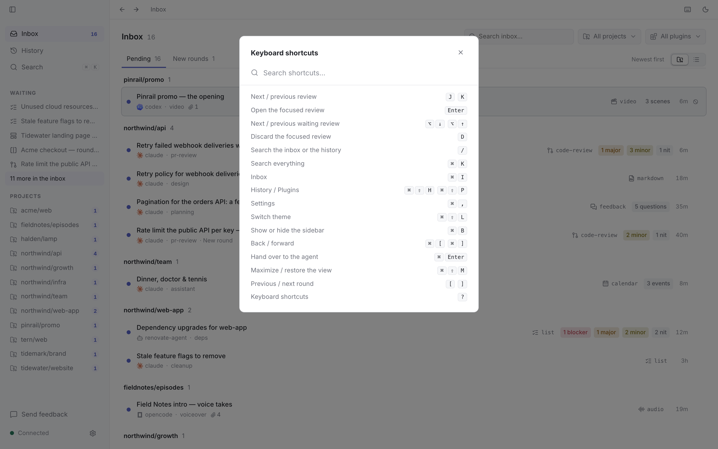 The keyboard shortcuts dialog.
